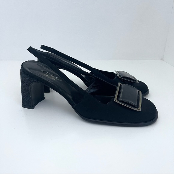 Vintage Gucci Square Buckle Round Toe Sparkly Block Mary Janes Slingbacks Heels - Picture 6 of 10